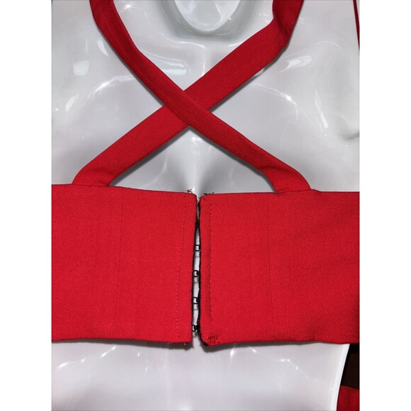 Michelle Mason Maxi Dress Women 10 Gown Halter Top Hook Slit Red V Neck Zip - Picture 16 of 16